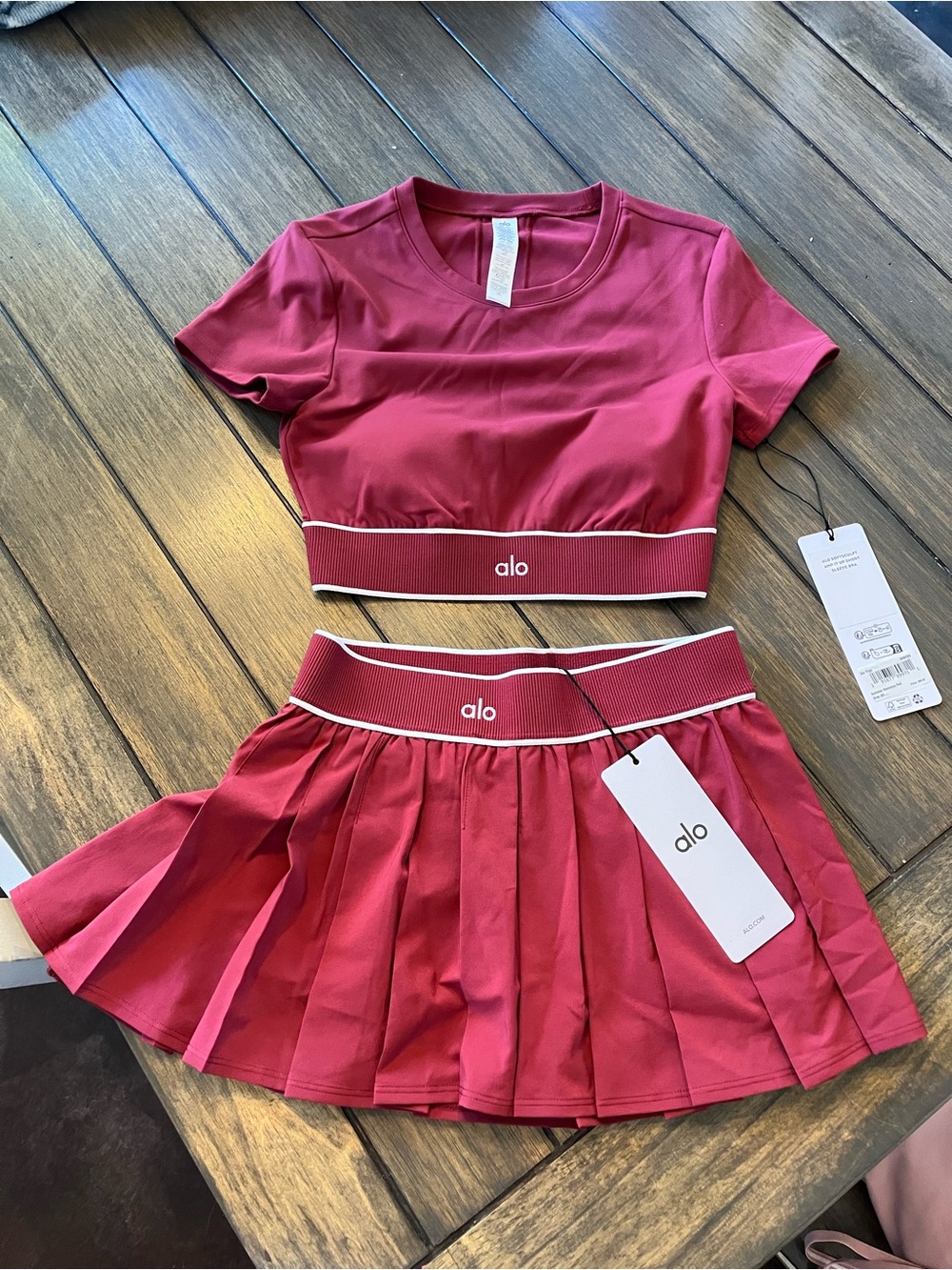 ALO Yoga Red Crop Top and Pleated Skirt Set. Brand new never worn